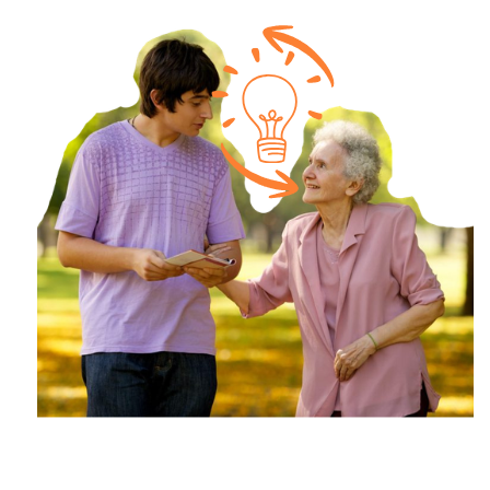 young man and older woman sharing a conversation, sharing ideas, sharing experience 